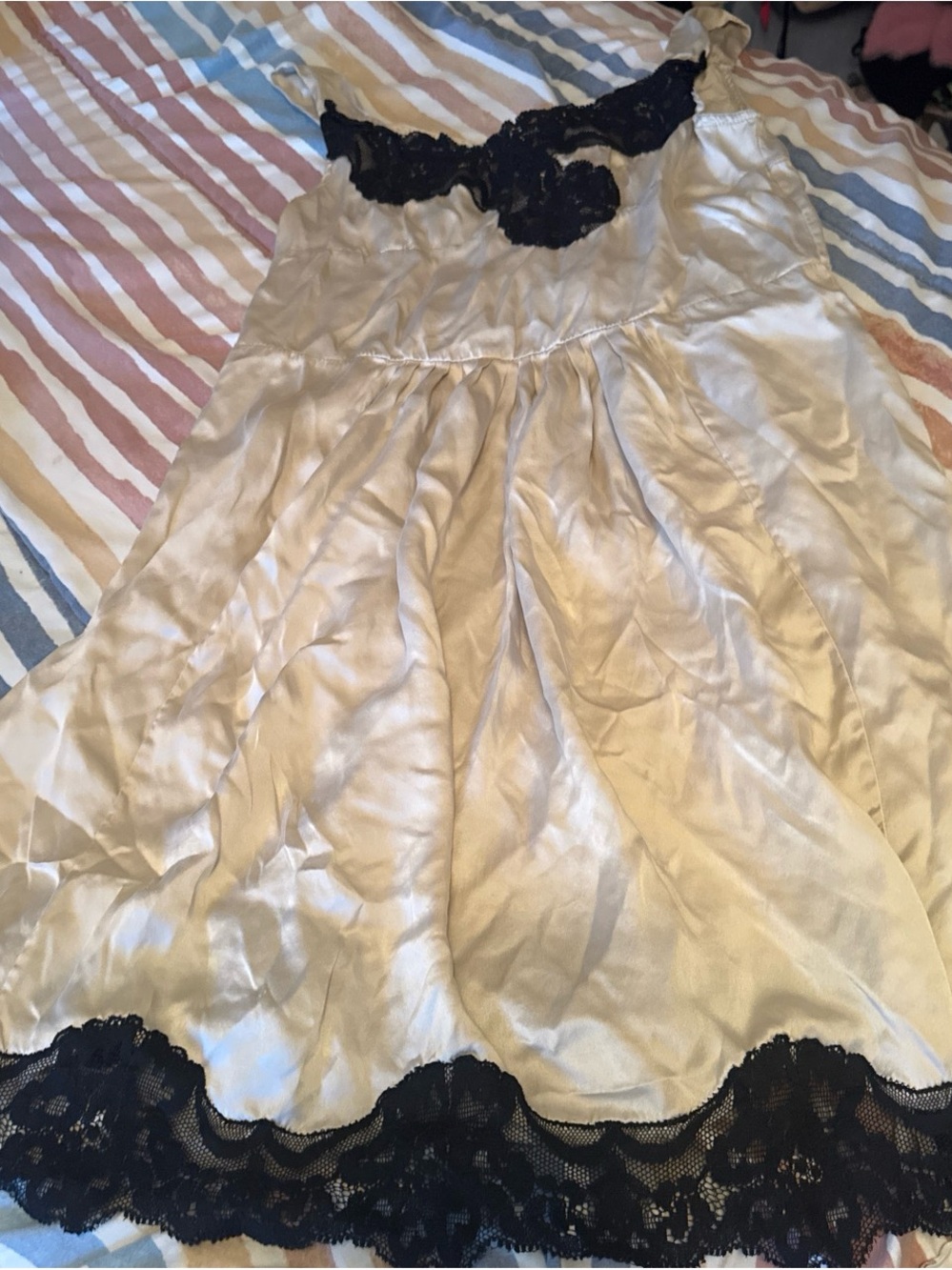 Twin-Set Cream Satin Chemise with Black Lace Trim